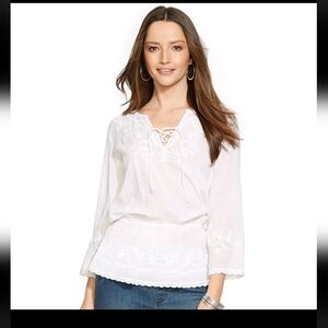 RALPH LAUREN White Cotton Gauze Embroidered Lace Trim Tunic Top Sz Small